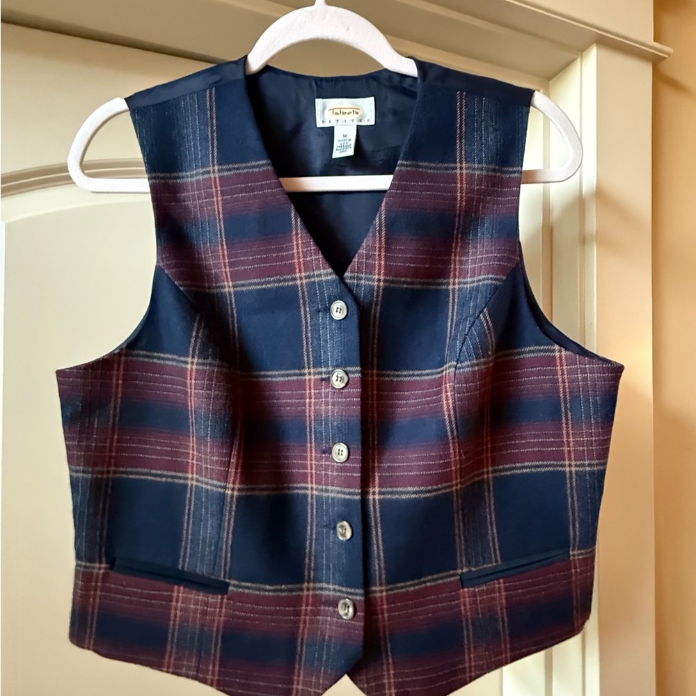 Wool Red & Navy Plaid Button-Up Vest Sz MP Talbots Lagenlook Y2K Academia